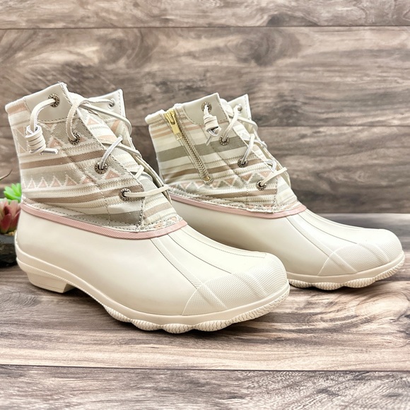 NIB Sperry Syren Gulf Playa Tan Striped Geometric Waterproof Duck Rain Boots - Picture 6 of 15